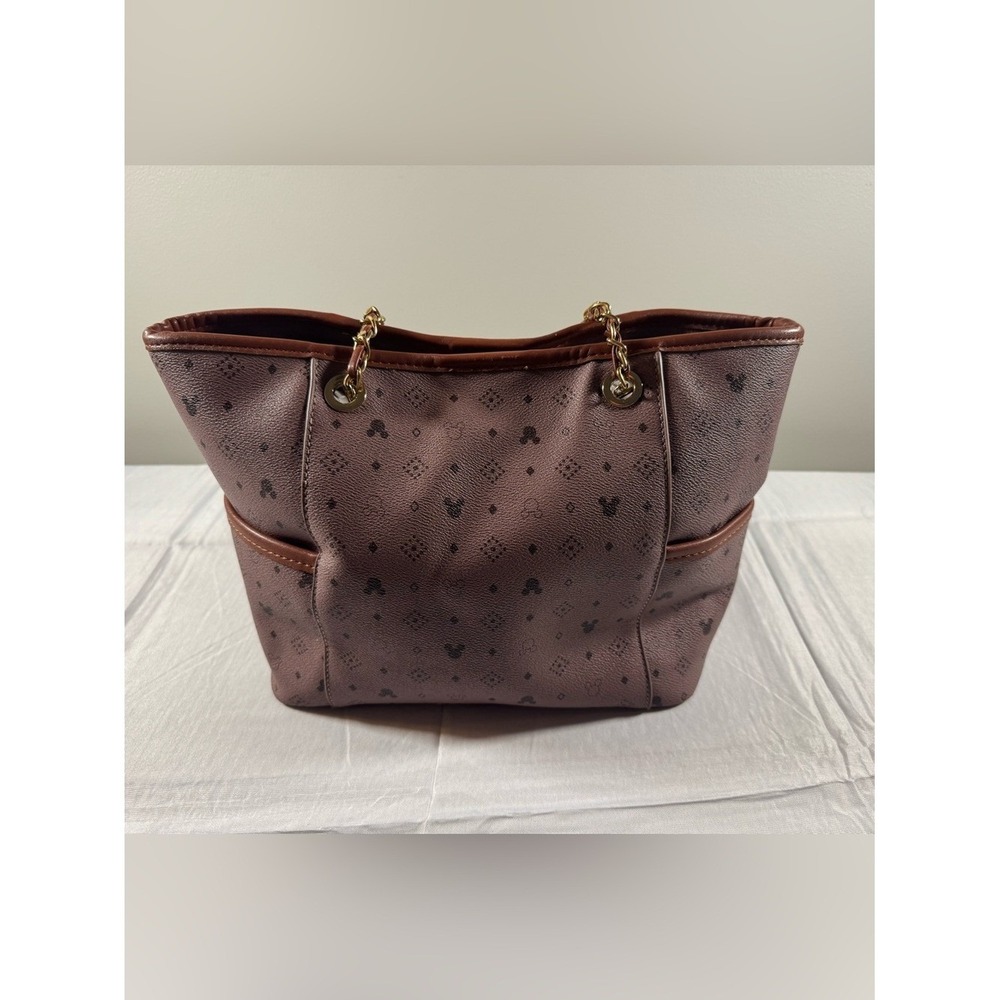 Disney Mickey Mouse Monogram Tote Bag Mauve Faux Leather Chain Strap Handbag